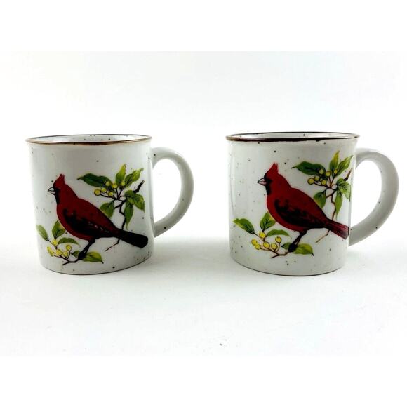 Set 2- Vintage Speckled Stoneware Red Cardinal Bird Ceramic Coffee Mugs Cups Tea - Picture 11 of 12